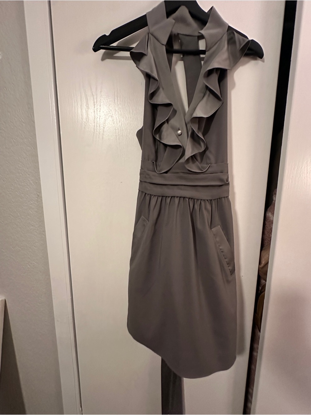 BCBGeneration Taupe Ruffle Halter Midi Dress